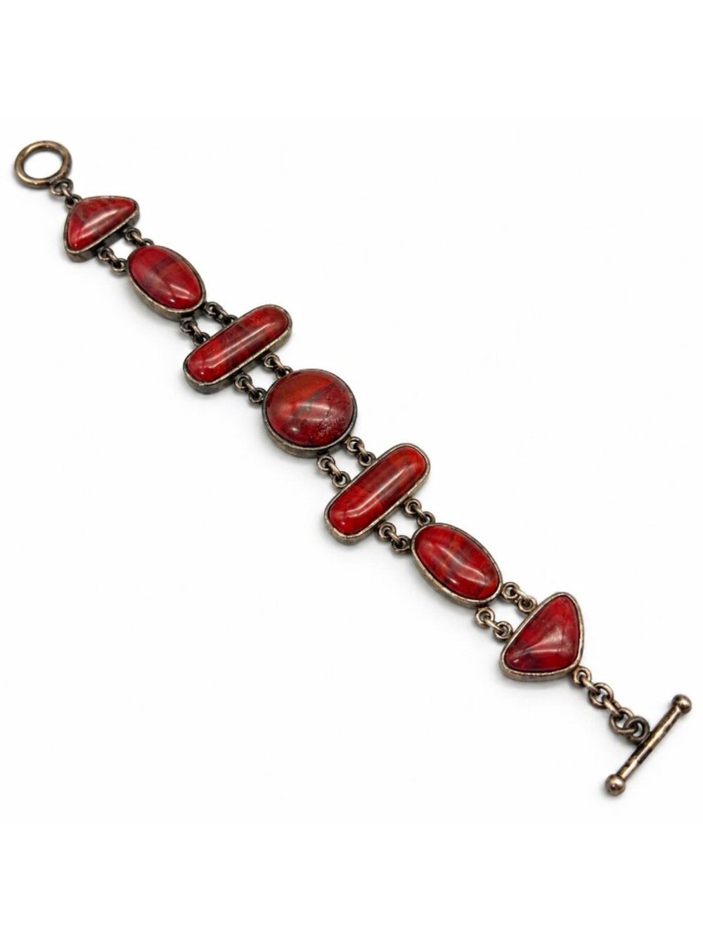 Red Jasper 925 Sterling Silver 7 Stone Link Bracelet Toggle Clasp 8”